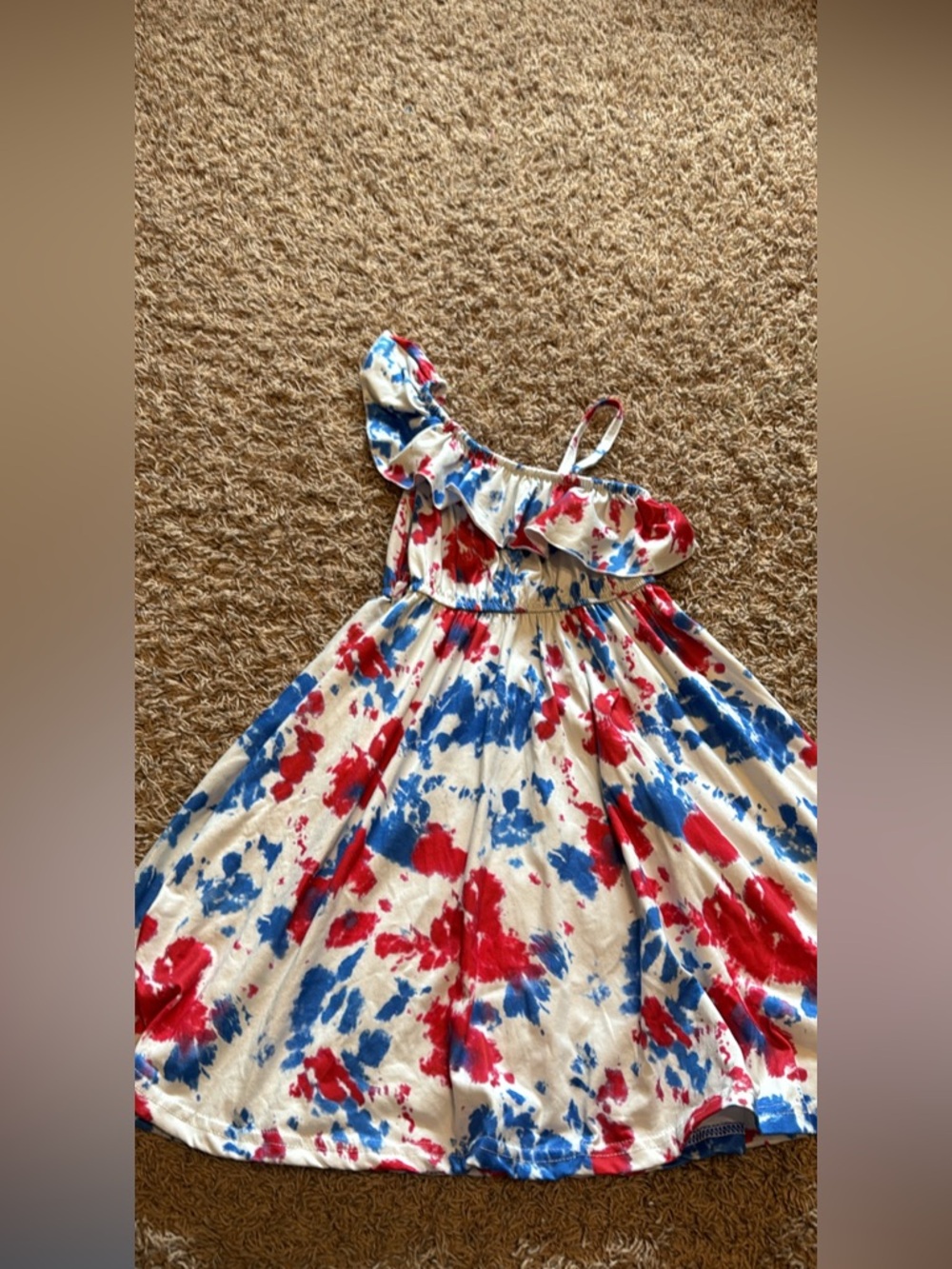 Girls One-Shoulder Ruffle Casual Dress in Red, Blue & White